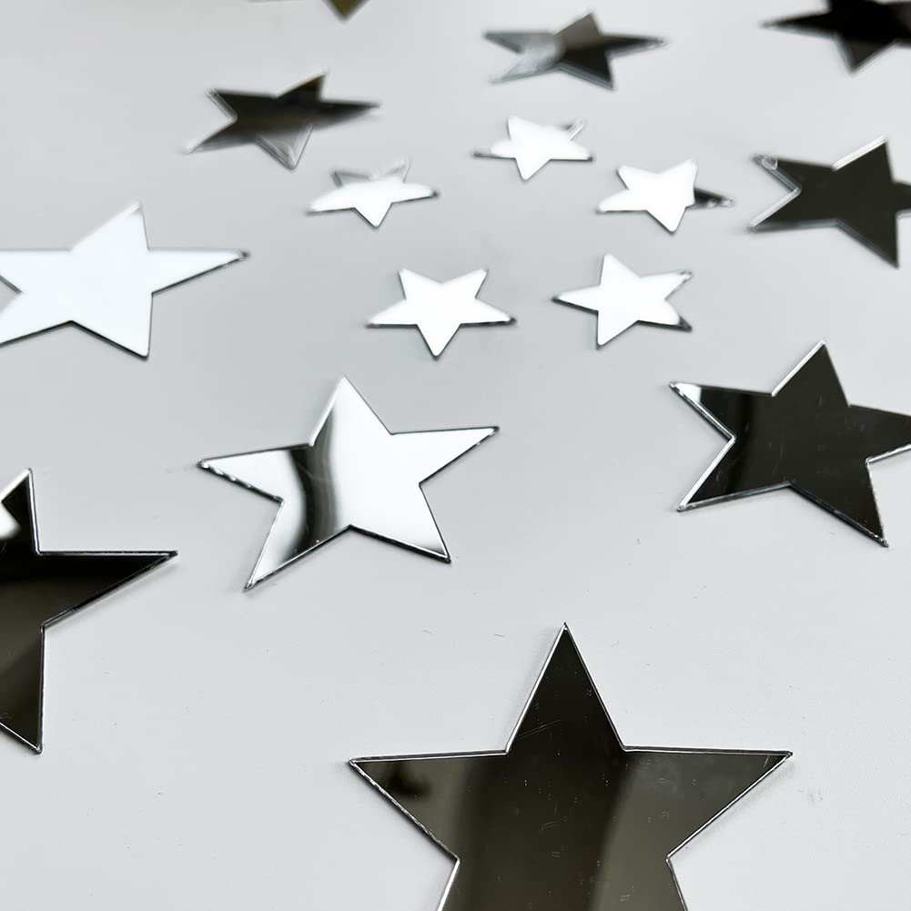 40Pcs Silver Stars Acrylic Mirror Wall Stickers with Adhesive Art Decal Satin Paper Baby Kids Bedroom Home DIY Decor Removable Stickers (Silver Stars)