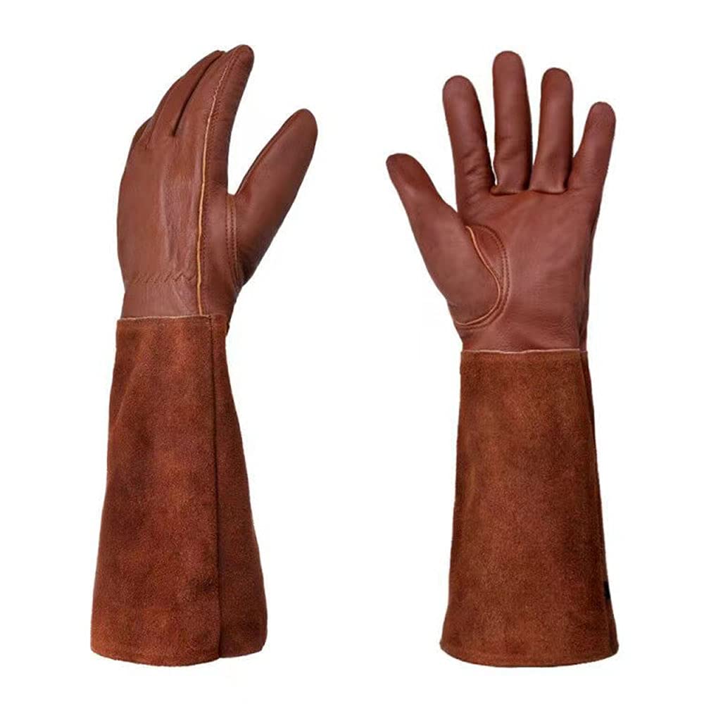 KINDE Gardening Gloves - Thorn Proof Cowhide Leather Rose/Blackberry Pruning Long Forearm Protection Gauntlet, Work Garden Gloves (BROWN, Small)