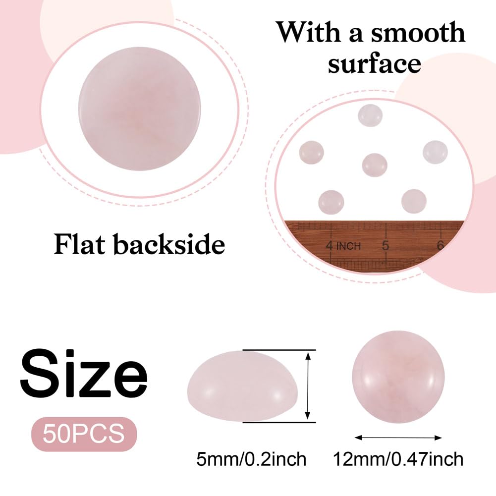 Fashewelry 50Pcs Natural Rose Quartz Cabochon Stone Half Round Beads 12mm Flat Back Gemstone Chakra Healing Crystal Cover Cabs for Jewelry Making