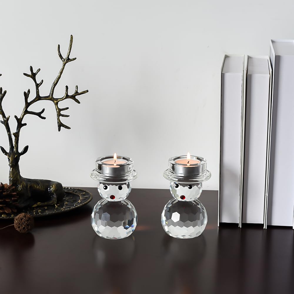 2 Pcs Crystal Christmas Candle Holder Snowman Christmas Candlestick with Cute Shape Home Table Decorations for Winter Xmas Farmhouse Kitchen Decor