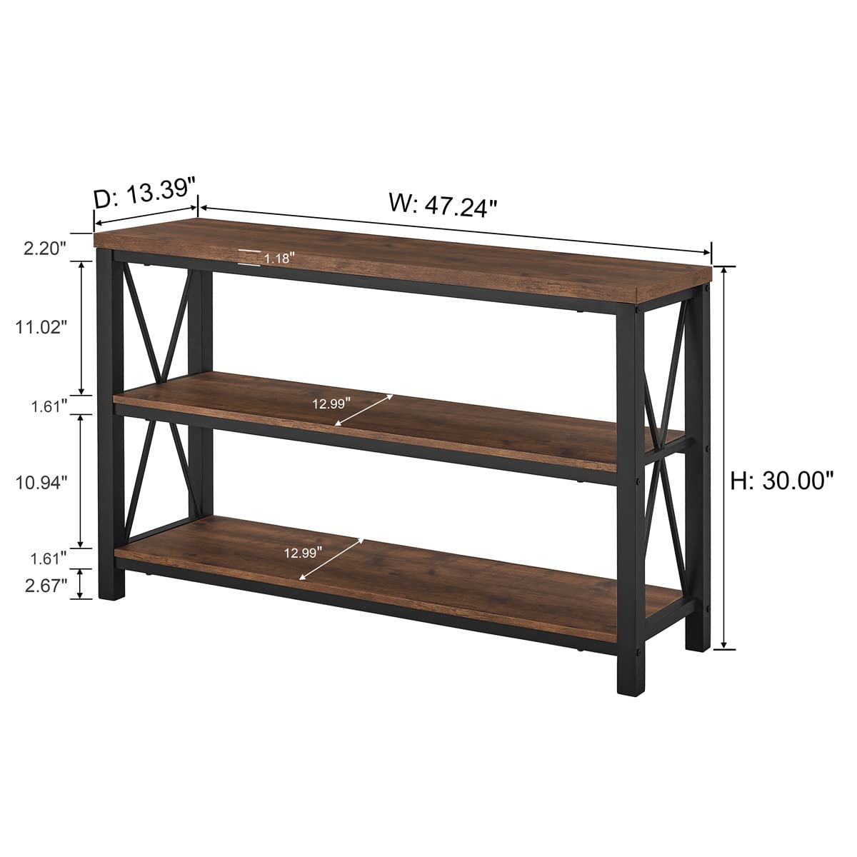 BON AUGURE Rustic Console Table Behind Couch, Industrial Entryway Table with Shelves, Farmhouse 3 Tier Sofa Tables for Living Room, Entry, Hallway (47 Inch, Rustic Oak)