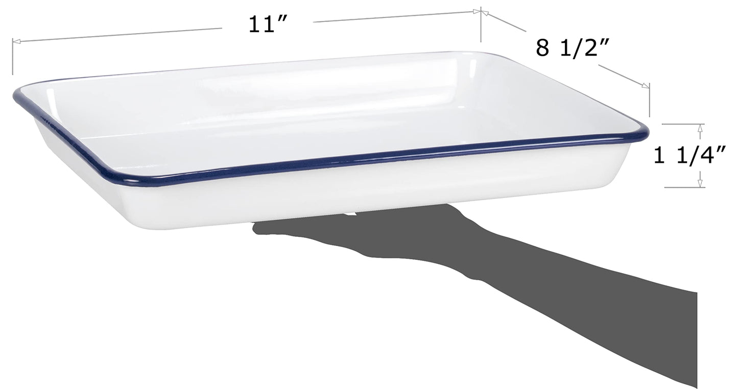 Red Co. 11" x 9" Enamelware Metal Classic 2 Quart Rectangular Serving Tray, Solid White/Navy Blue Rim