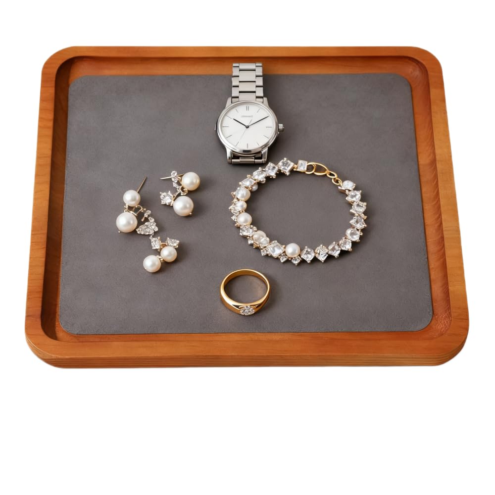 YUQIN Wooden Jewelry Display Tray Rounded Rectangle Ring Showcase Stackable Elegant Bracelet Watch Jewelry Organizer for Personal Use and Commerce (Gray, Large-W 7'' x H 0.6'' x L 7.9'')