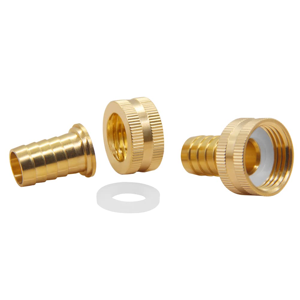 Hooshing 4PCS 3/4" Barb x 3/4" Female GHT Thread Soild Brass Garden Hose Repair Kit Female Hose End Mender Water Hose Connector with Stainless Clamp