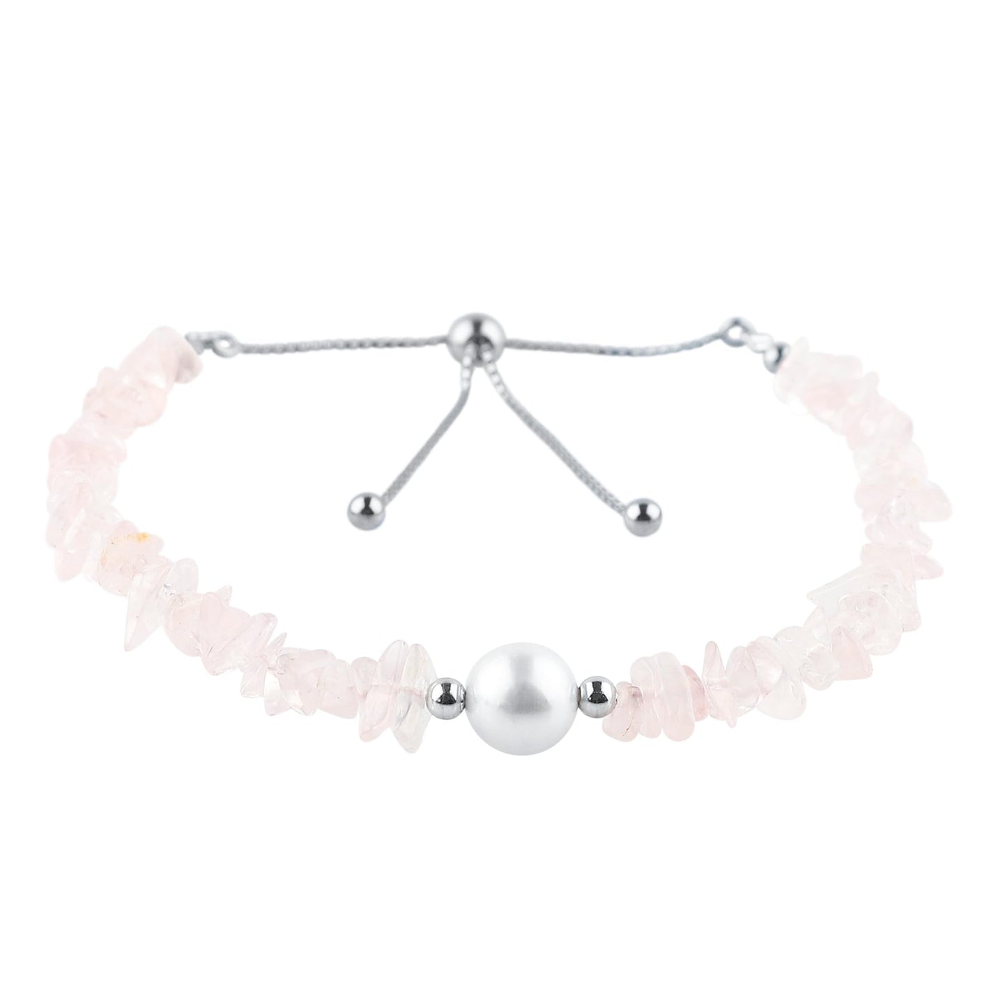 CRYSTALIS Natural Rose Quartz Beads Slider Bolo Bracelet with Elegant Pearl, High Grade Nuggets Crystal, Chakra Healing Gemstone, Gift Giving Women Jewelry, 925 Sterling Silver Slider 10 inch