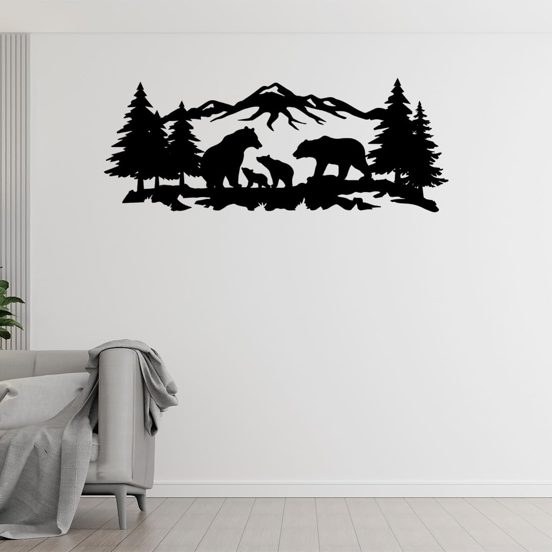 METALPLEX Mountain Bear Family Metal Wall Art – Fade-Resistant & Rust-Free Aluminum Composite Nature Wall Decor for Living Room – Bedroom & Cabin Aesthetic, Easy to Hang – Black, 40"x 16"