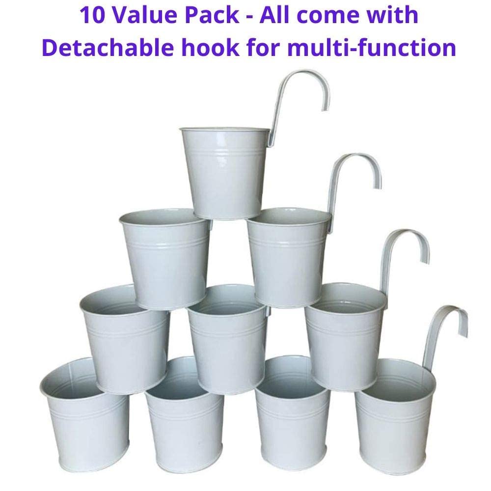 ShopLaLa Bundle - 6" Pot + Wooden Plant Holder, White Large Metal Flower Pot, Vertica Hanging Planters for Indoor Plants, Wall Mounted Plant Stand Ladder Outdoor Display Garden, Wooden Trellis Plants