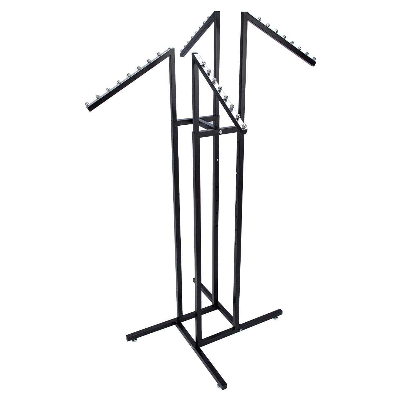 SSWBasics Black 4 Way Adjustable Clothing Rack with Slanted Arms - Retail Clothing Rack Display - Adjustable Height Arms from 48" to 72" Perfect for Clothing Stores