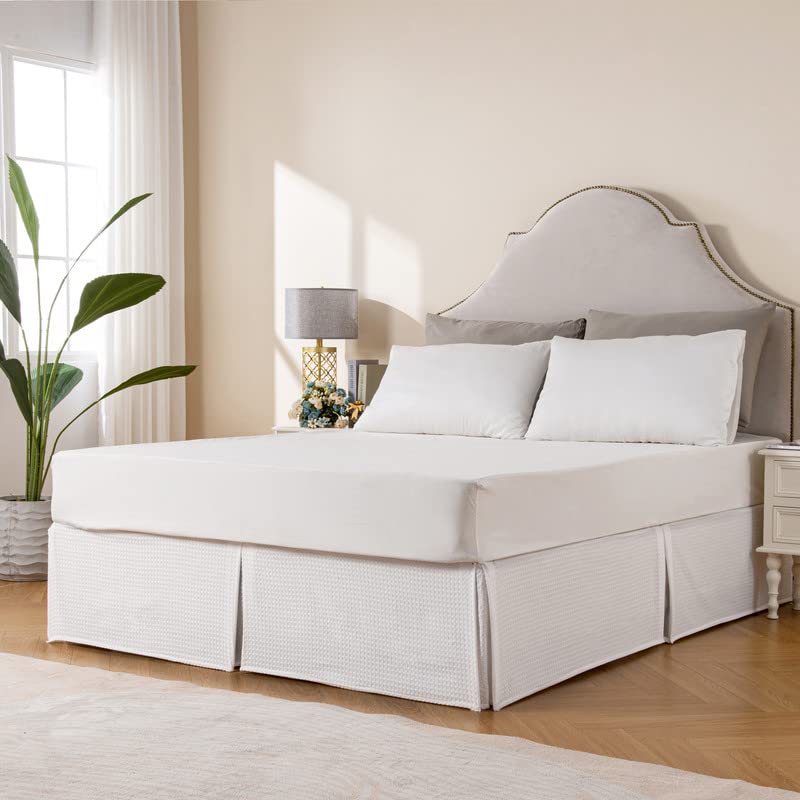 MIYE Pleated Waffle Weave Bed Skirt, Tailored Dust Ruffle 16 Inch Drop Easy Fit, Machine Washable, No Split Corners (White, King - 16" Drop)