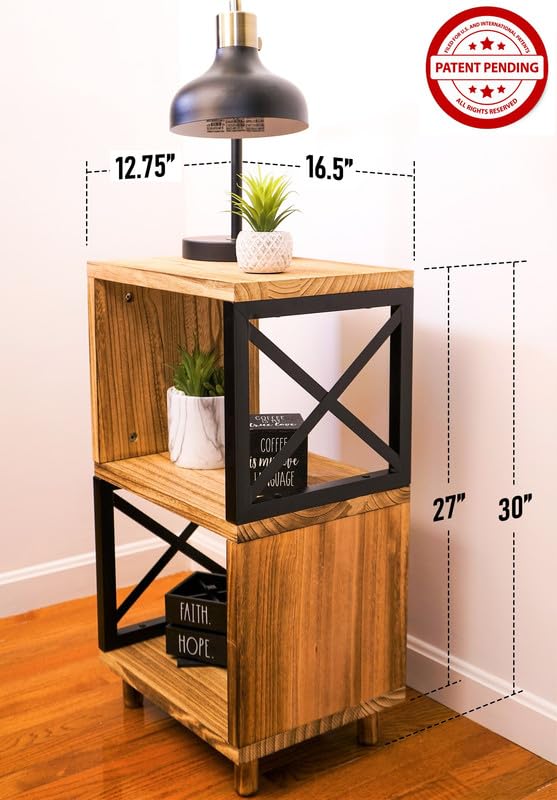 Premium Home 30” Tall Wood Side Table, Narrow End Table with Open Shelf, Natural Accent Table for Living Room. Bedroom or Record Player