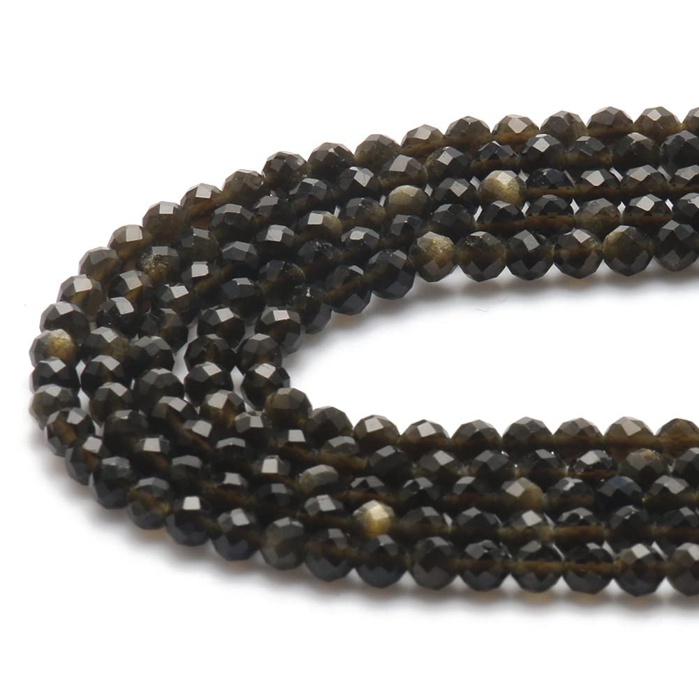 Song Xi 120pcs 3mm Natural Gold Obsidian Gemstone Beads Faceted Round Loose Stone Beads for Jewelry Making