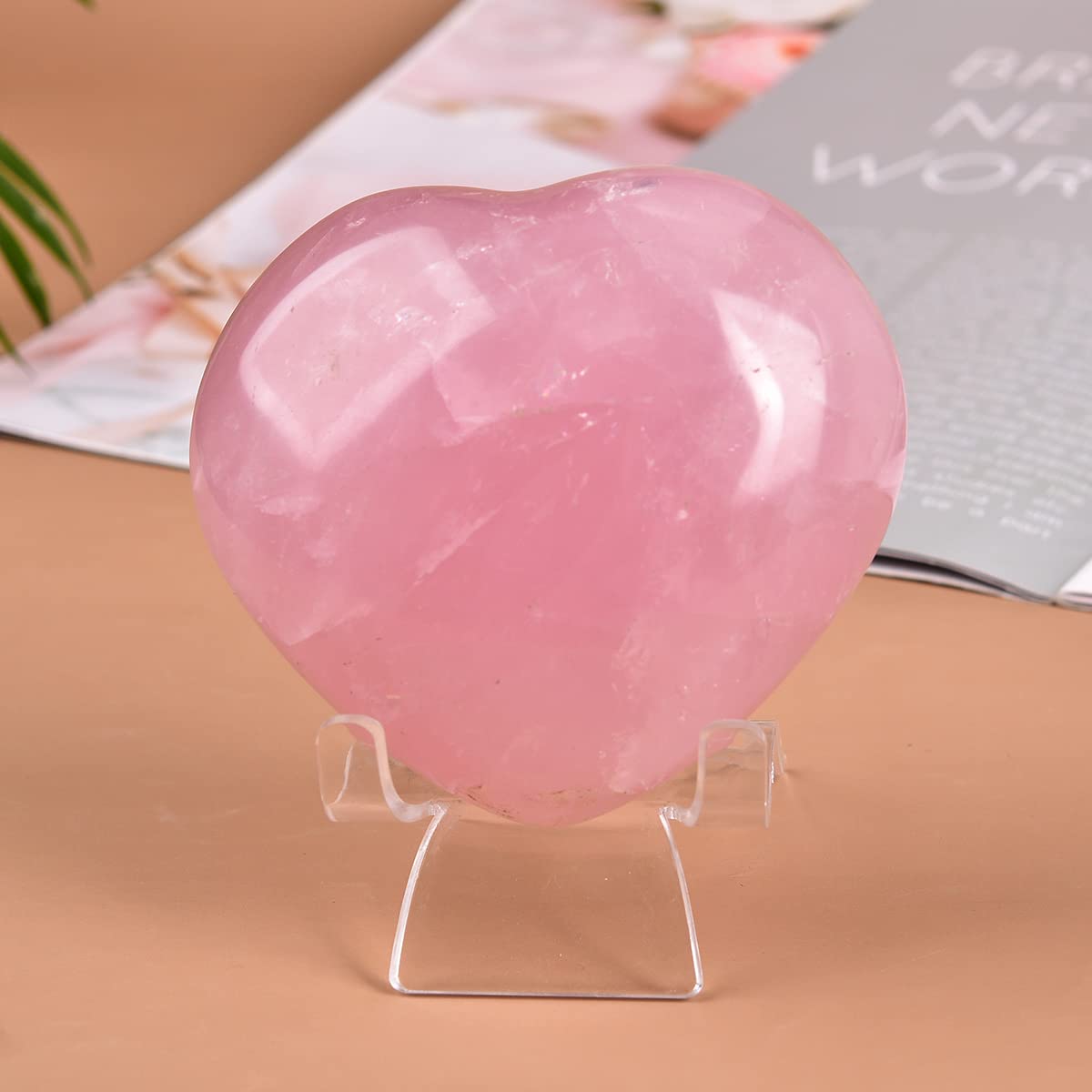 JIC Gem Large Heart Shaped Rose Quartz Crystal Healing Stone Pocket Palm Worry Stone with Display Stand Chakra Reiki Balancing 3.7"-4"