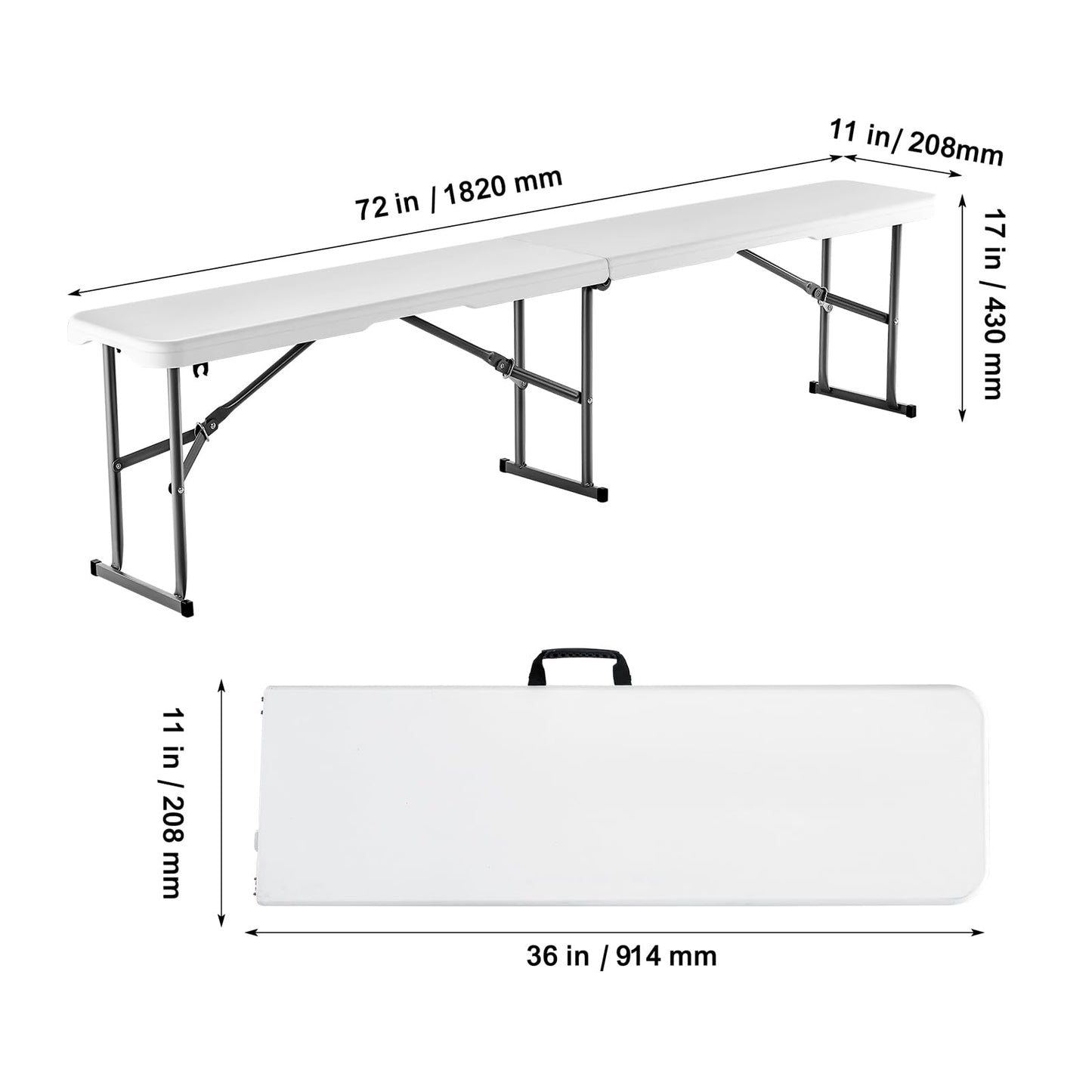 VEVOR Plastic Folding Bench, 6ft Portable Folding Bench, Smooth High Density Polyethylene Waterproof Outdoor Bench, Picnic Camping Table with Handle for Garden Soccer Playtime, White (2 Pack)