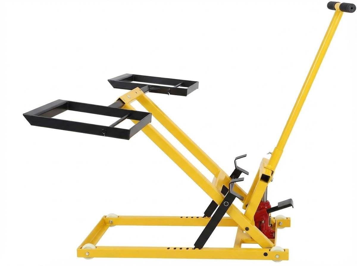 Hydraulic Lawn Mower Lift Jack, 500LBS Capacity Zero Turn Mower Lift with 26.5" Telescopic Height, for Riding Tractors and Zero Turn Lawn Mowers (Yellow)