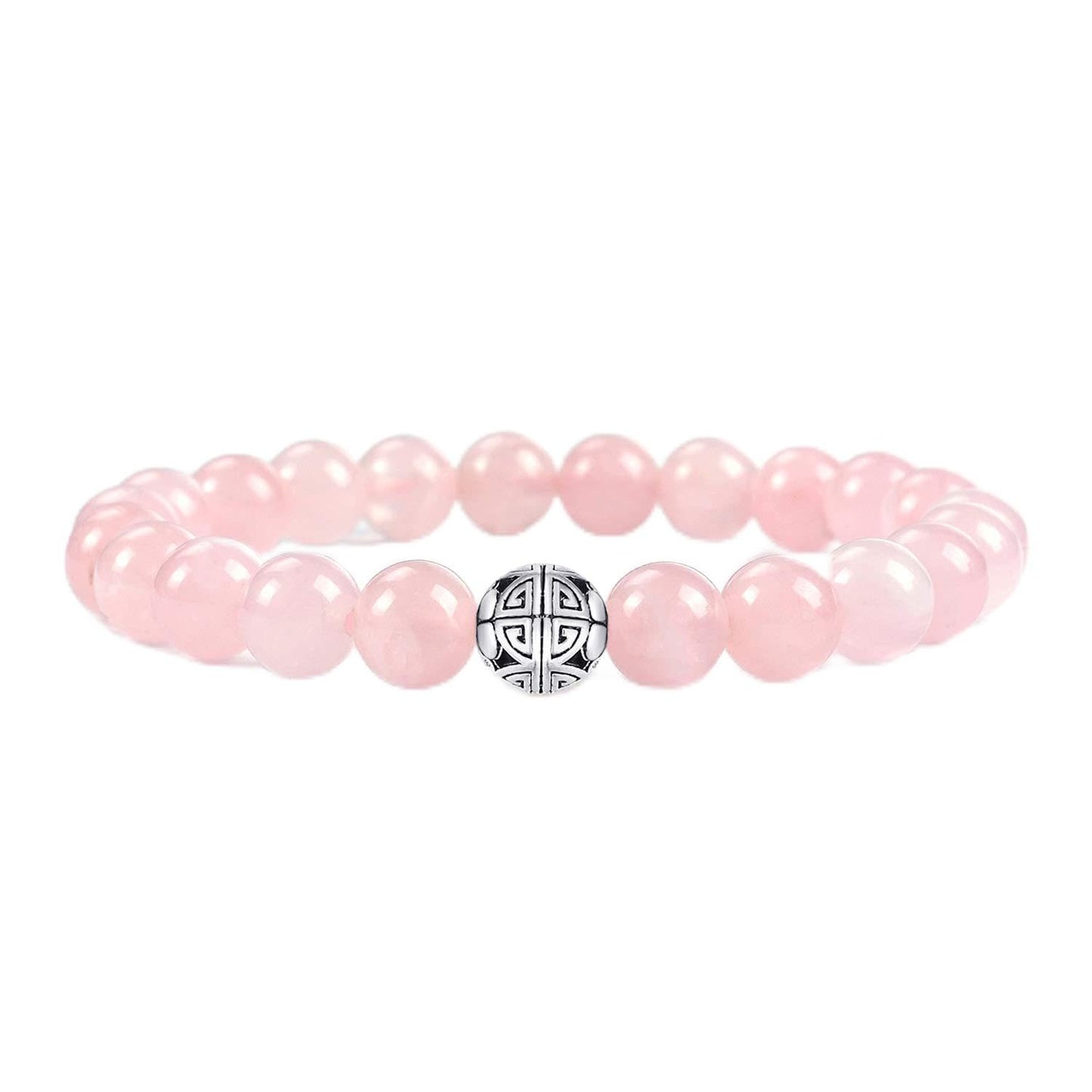 MetJakt Healing Crystals Beaded Bracelets for Womens Natural Gemstone 8mm Beads Stretch Bracelets with 925 Sterling Silver Double Happiness Pendant (Rose Quartz)