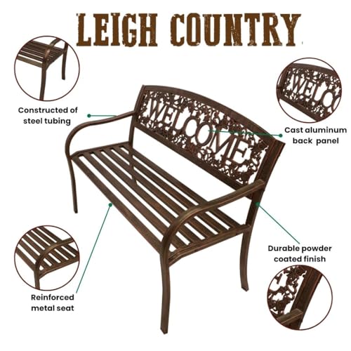 Leigh Country Metal Outdoor Bench, Welcome Design, Decorative Patio Seating for Porch/Deck