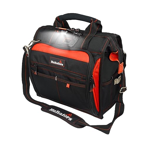 Hultafors Work Gear HTL573 Lighted Technician's Tool Bag, 55 Pockets, Heavy Duty Ballistic Polyester Tool Carrier, Adjustable Swivel Light, Large Center Compartment