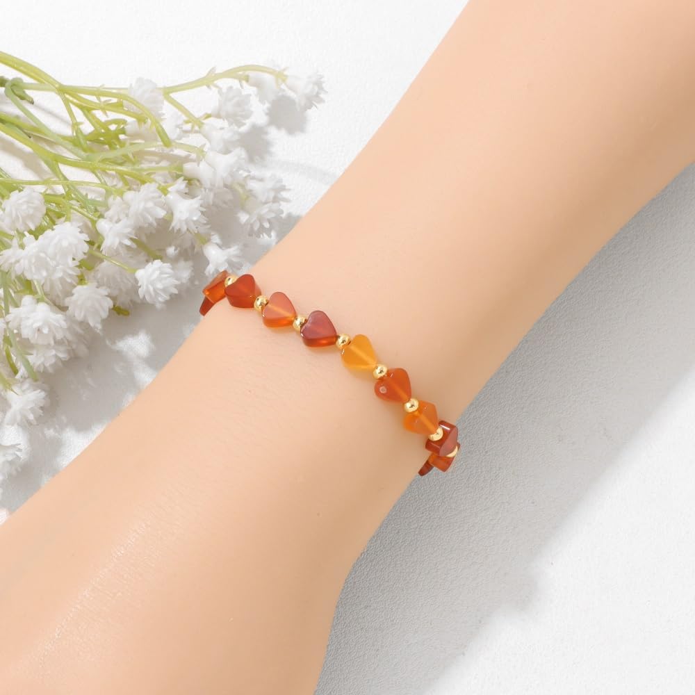 ZKJTEARY Heart Carnelian bracelet for Women Men 18k gold plated Beads Natural Stone Healing Real Crystal Stretch bracelet Gemstone bracelets Carnelian Jewelry for Women Men Mom Girlfriend