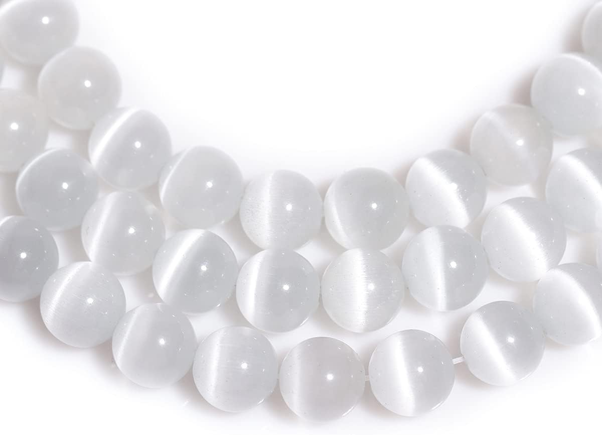 HAAMIIQII 45pcs 8mm White Cat Eye Beads Round Loose Gemstone Beads for Jewelry Making Strand 15 Inch