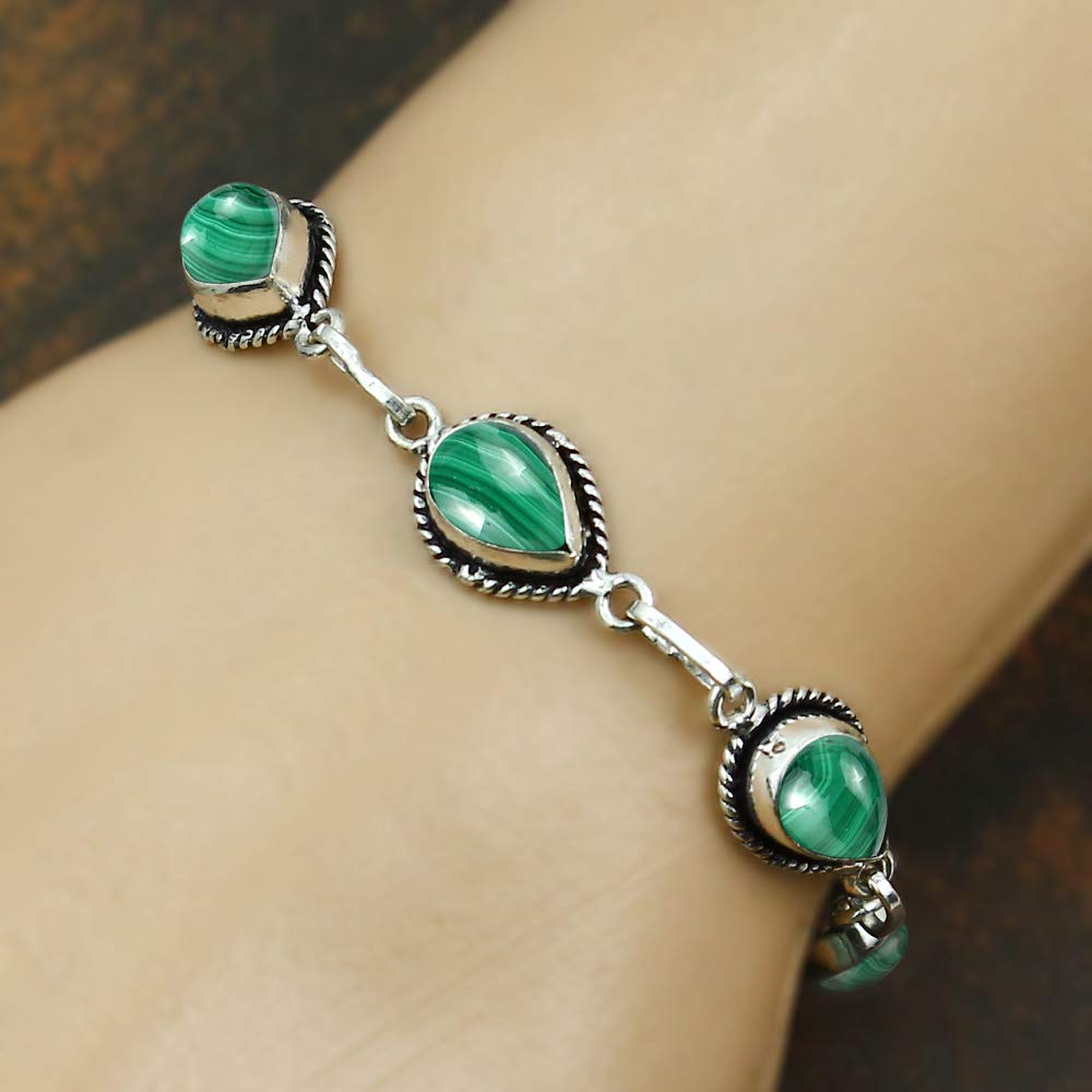 Natural Malachite Silver Plated Link Bracelet for Women - Green Stone April Birthstone Handmade Vintage Style Adjustable Jewelry Bracelet - Valentine Day Gifts for Her