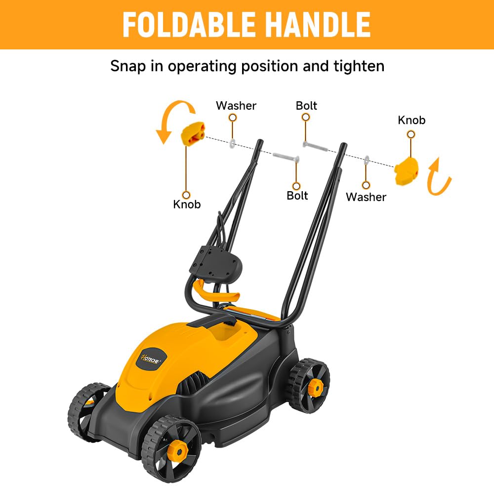 Hoteche 10-Amp Corded Electric Lawn Mower - 12.6 Inch Cutting Width, 30L Grass Bag, 3 Height Adjustments (1"-2.2"), Lightweight Walk-Behind Mower for Small/Medium Lawns (Easy Push Design)