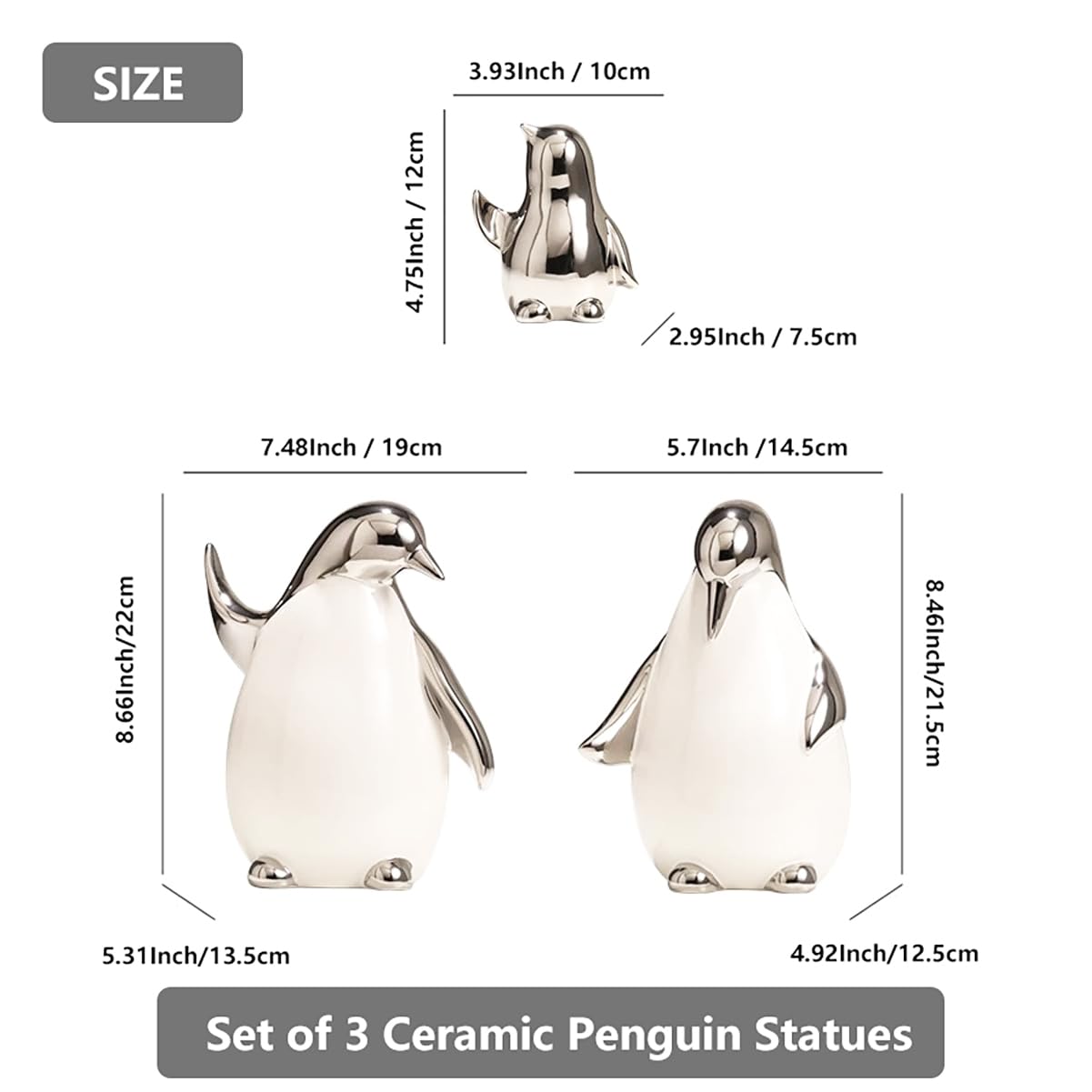 Tuioyoc Set of 3 Ceramic Statues Aesthetic Abstract Penguins Sculpture Cute Modern Home Decor Decorative Statue for Living Room, Bedroom, Office, Table Centerpiece (White Silver)