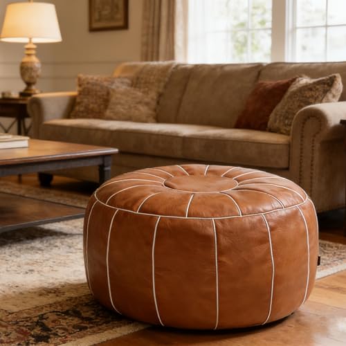 Thgonwid Unstuffed Moroccan Storage Pouf Foot Stool Ottoman Seat Handmade Faux Leather Bean Bag Floor Chair Foot Rest for Living Room, Bedroom or Balcony (Brown)