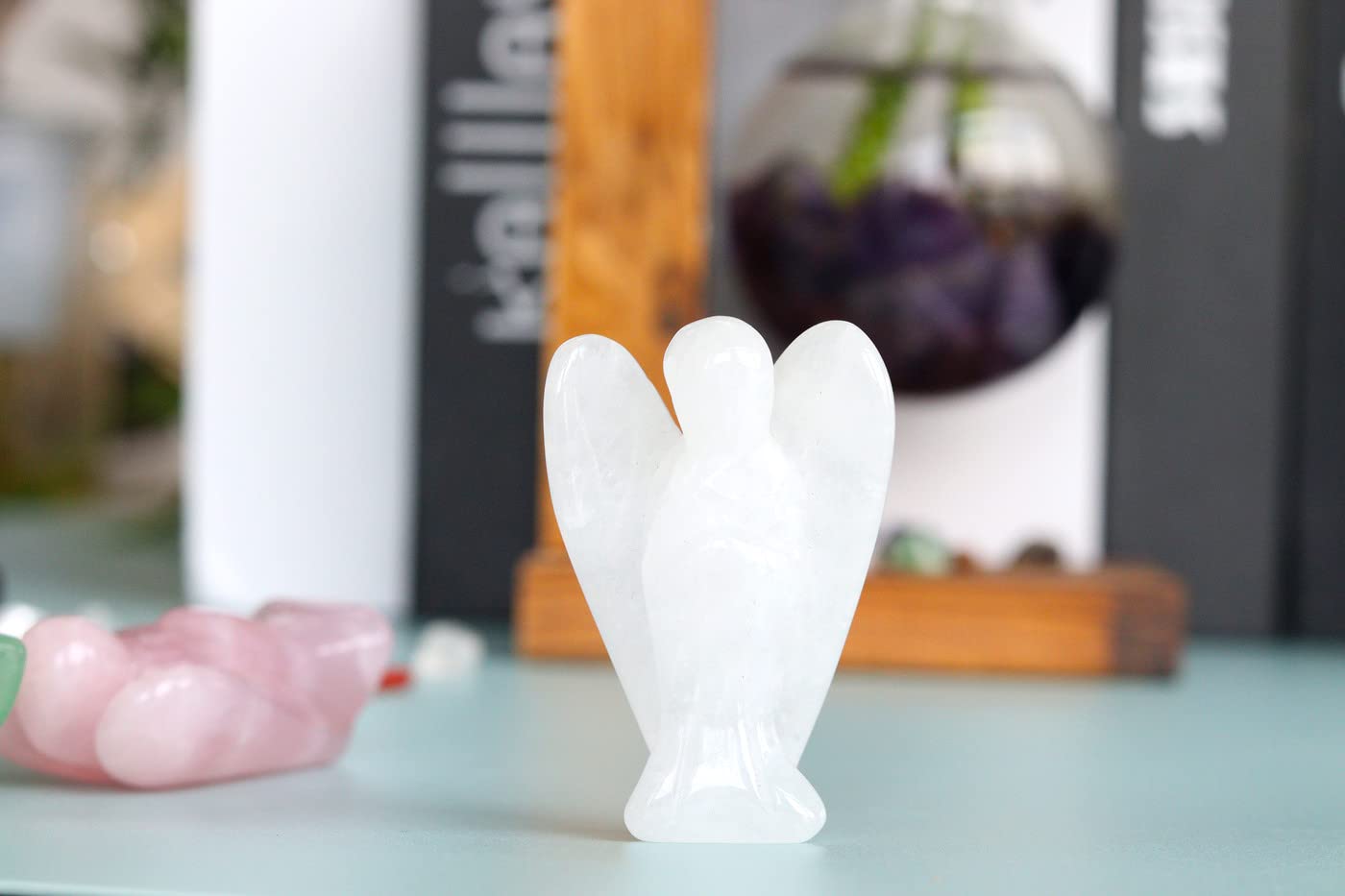 YATOJUZI 2" Clear Quartz Angel Decor Healing Crystals Polished Natural Stone Sculpture Statue Hand Carved Cute Figurines Energy Reiki Home Room Office Desk Decoration Guardian Gifts for Women Men