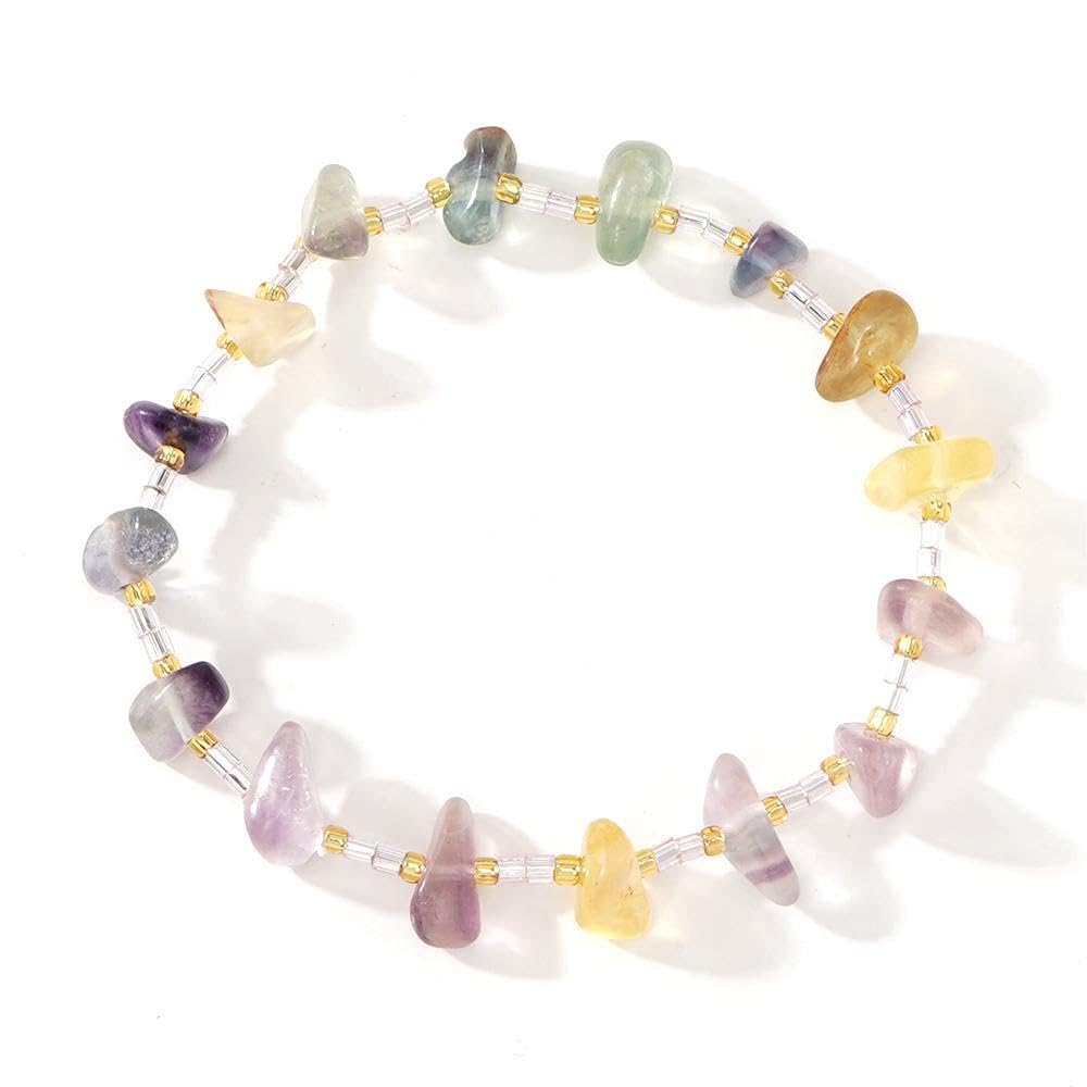 SHINUS BOHO Healing Natural Crystal Beaded Stretch Bracelet for Women,Handmade Boho Irregular Fluorite Energy Stones Cleansing Calming Bracelet Strength Summer Beach Fashion Jewelry Gift Friendship