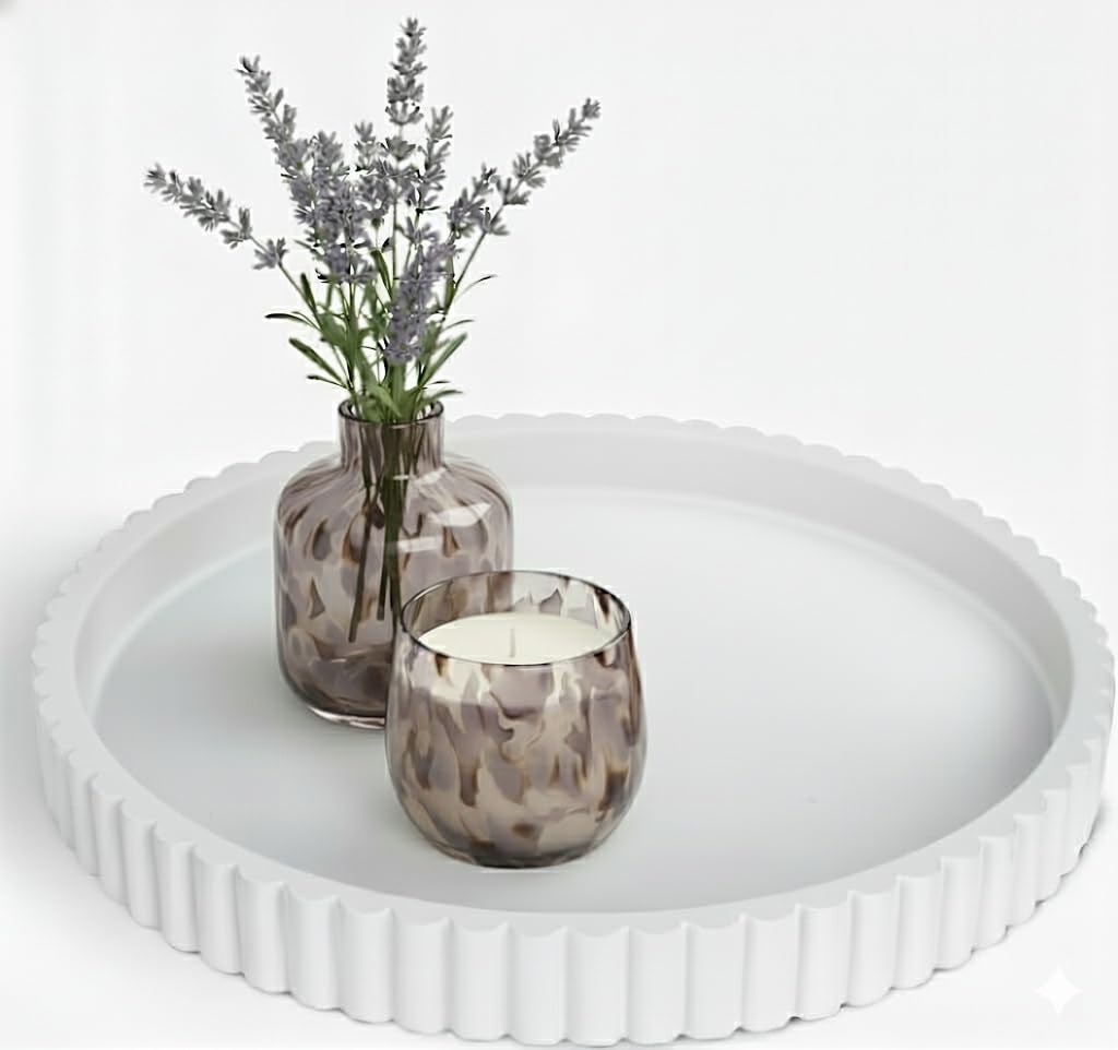 Vivere Home 13-Inch Coffee Table Tray Round - Concrete Round White Decorative Tray for Coffee Table Decor - Table Centerpieces Kitchen Island Trays Decorative Trays - Dining Room Tray