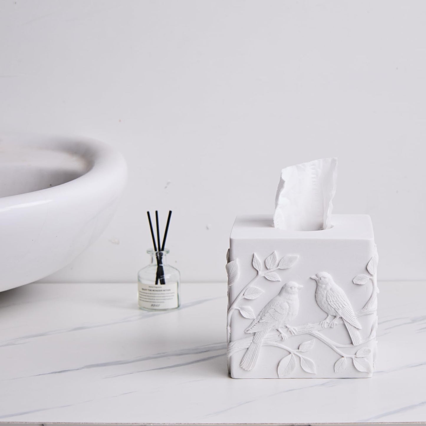 White Marble Relief Birds Square Tissue Box Cover Decorative,Resin Heavy Sturdy Tissue Box Holder, Facial Paper Holder for Bathroom Vanity Countertop, Bedroom Night Stand,Office and End Table