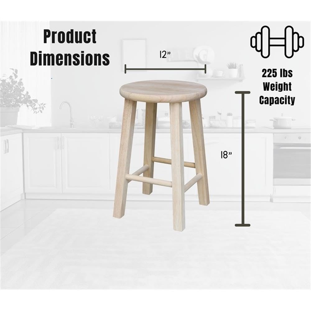 International Concepts Round Top Stool, 18-Inch Seat Height, Solid Parawood, Unfinished