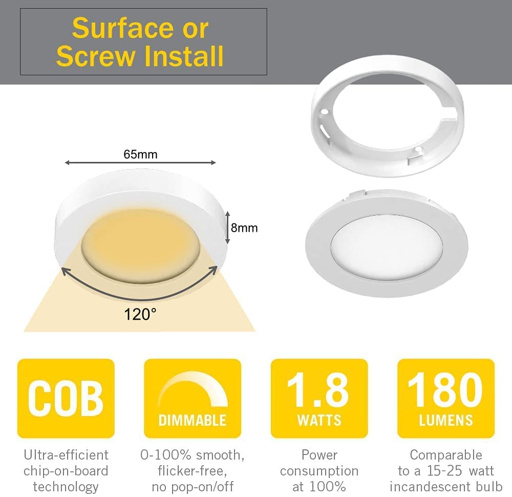 VST Under Cabinet Lights Plug in with Wired Touch Dimmer Switch,Recessed or Surface Mount,Natural White 3000K 12V 2W(12W Total, 60W Equivalent),6 Pack White Puck Lights Fixtures