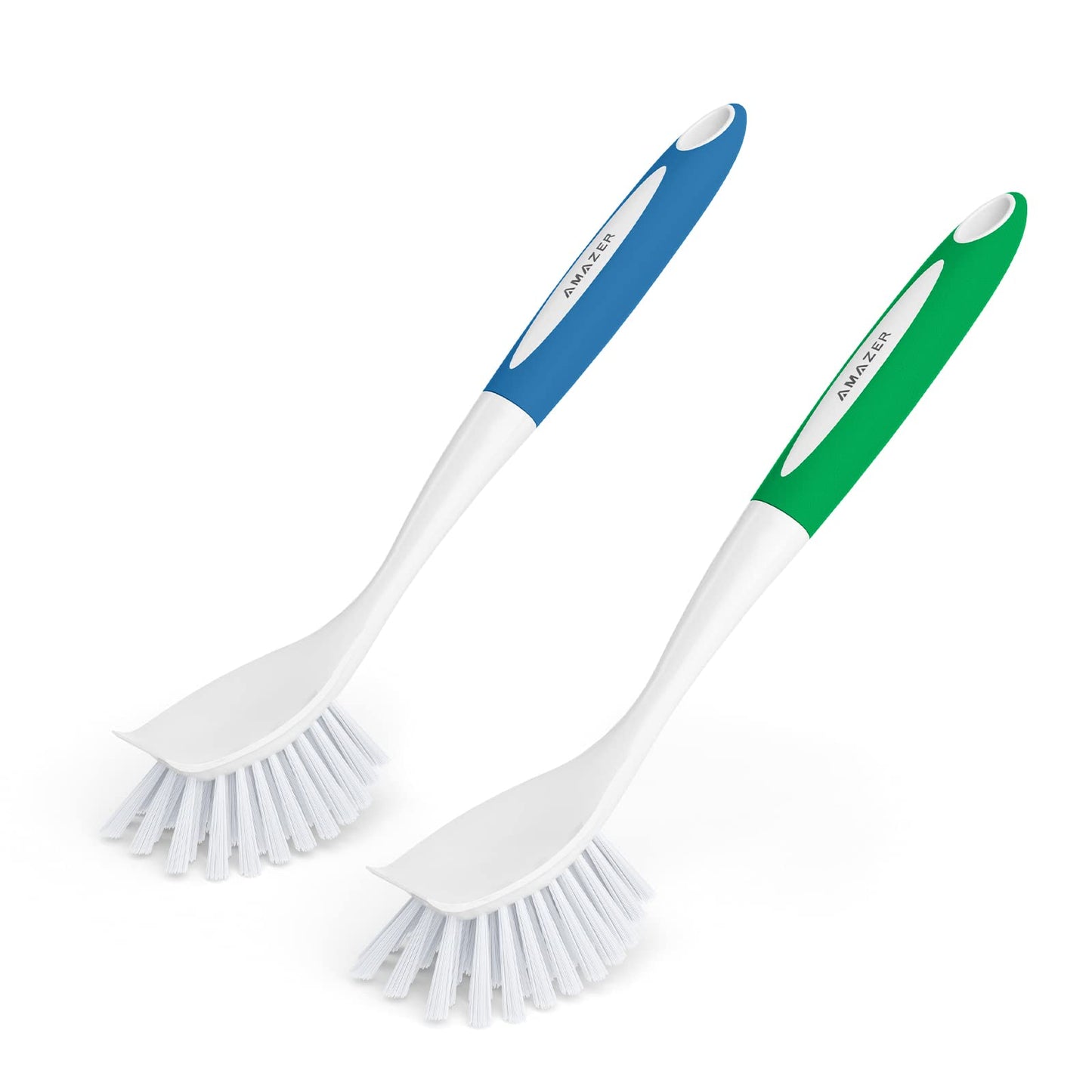 Amazer Dish Brush with Handle, 2 Pack Kitchen Scrub Brushes for Cleaning, Grip Shower Scrubber Flexible Stiff Bristles with Handle