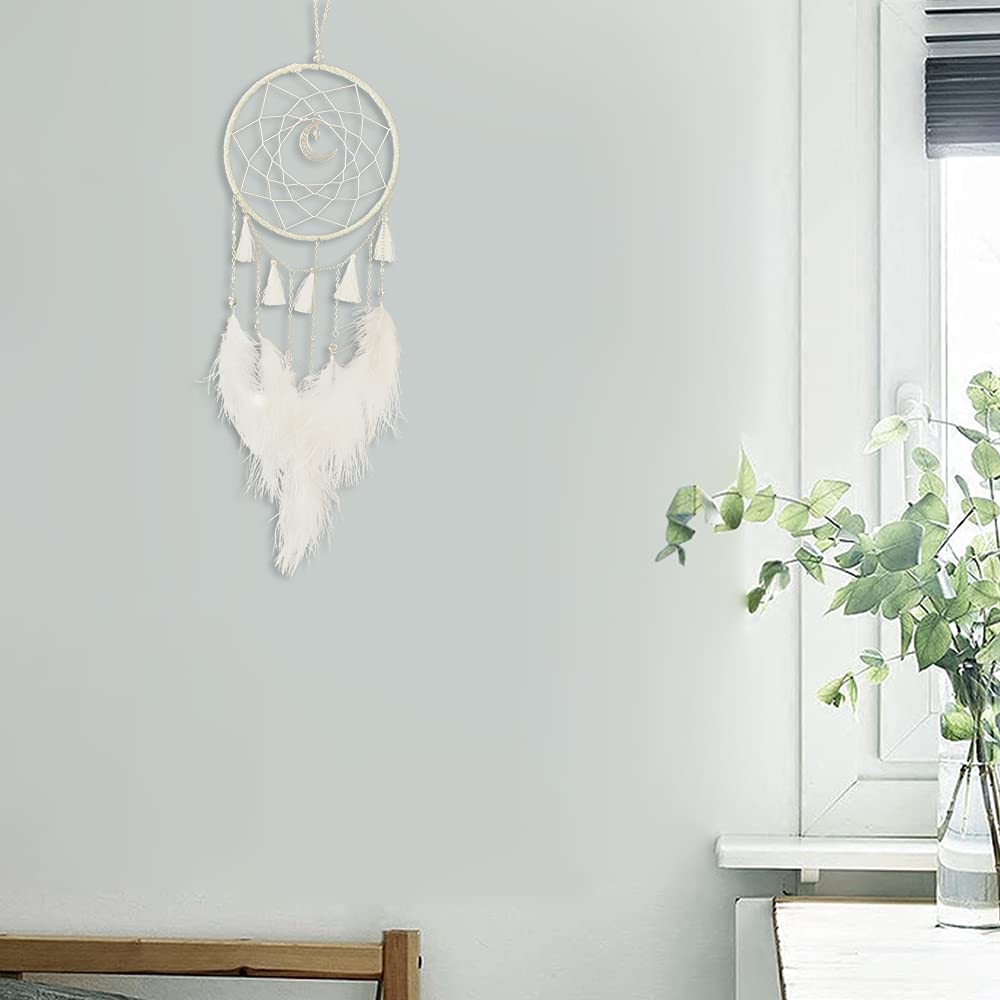 White Dream Catchers Handmade Feather Native Circular Net for Boys Girls Bedroom Wall Hanging Nursery Bedroom Decoration Blessing Gift