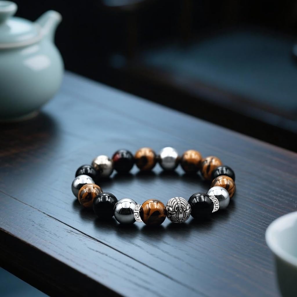PZTIIY Large 14mm Tiger's Eye Obsidian Hematite Triple Protection Bracelet - Lucky Spacers Unisex Stretch Bracelet, Blessing Healing Jewelry, Great Gift Choice for Parents/Partners/Employees