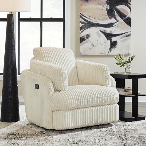 Signature Design by Ashley Tie-Breaker Cozy Contemporary Manual Press-Back Swivel Glider Rocker Recliner with 2 Bolster Pillows and Hidden Storage, White
