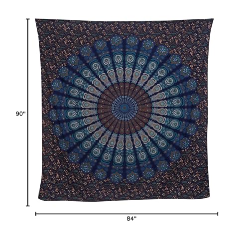Bless International Handmade Indian hippie Bohemian Psychedelic Peacock Mandala Wall hanging College Dorm Beach Throws Table Cloth Bedding Tapestry (Blue Green, Queen(84x90Inches)(215x230Cms))