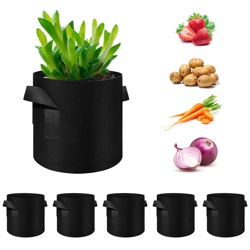 FineGearPow 5 Pack 10 Gallon Grow Bags, Heavy Duty Thickened Nonwoven Fabric Pots with Handles, Planter Grow Bags for Vegetables/Flower/Plant/Fruits, Black