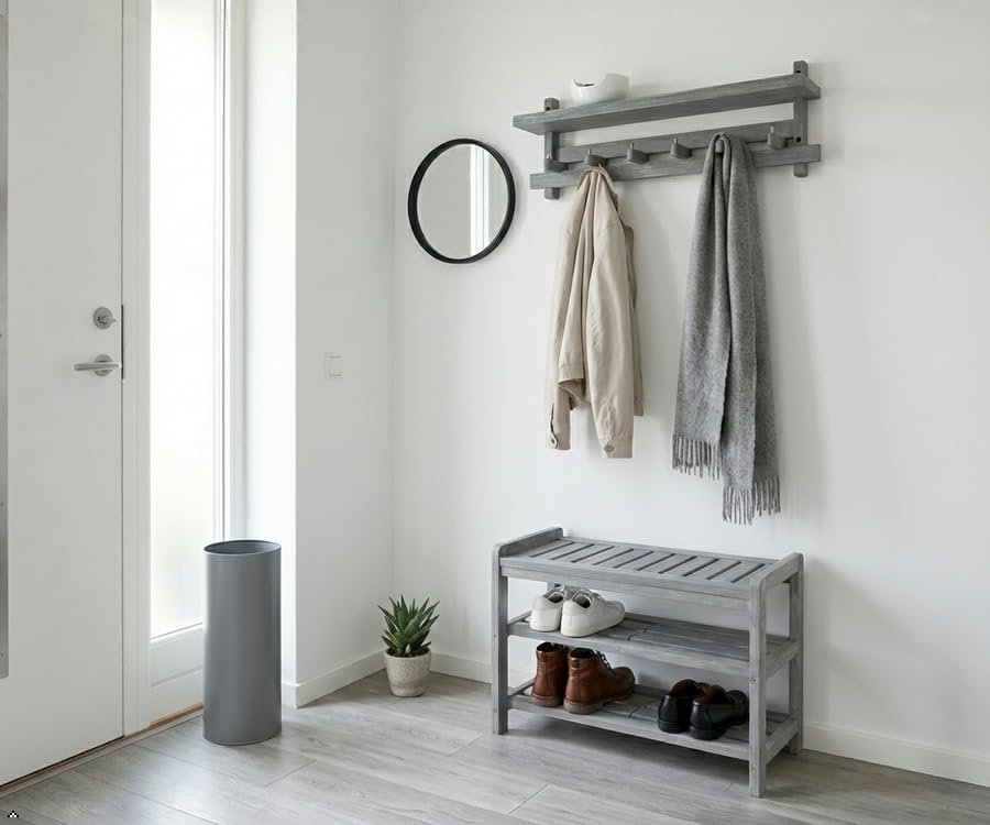 APPAFUN 27-Inch Wooden Shoe Bench for Entryway, 3-Tier Storage Organizer, Rustic Shoe Rack Bench for Narrow Spaces, Brush Grey
