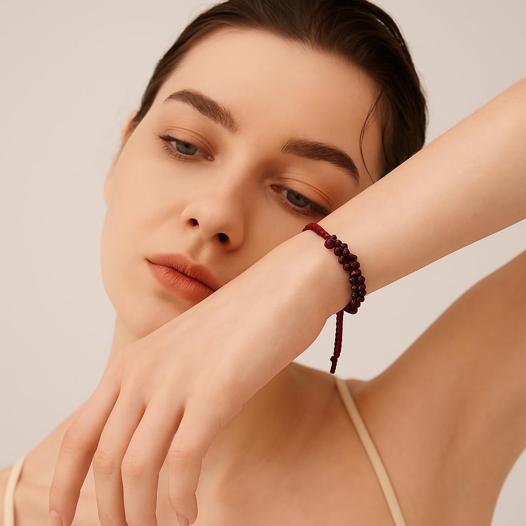 NJCRAFT Red Garnet Bracelet for Women | Natural Red Garnet Gemstone Chips Adjustable Braided Bracelet (Approx. 6 Carat) | Handmade Slider Rope Bracelet 6+4 Inch | Minimalist Jewelry Gift