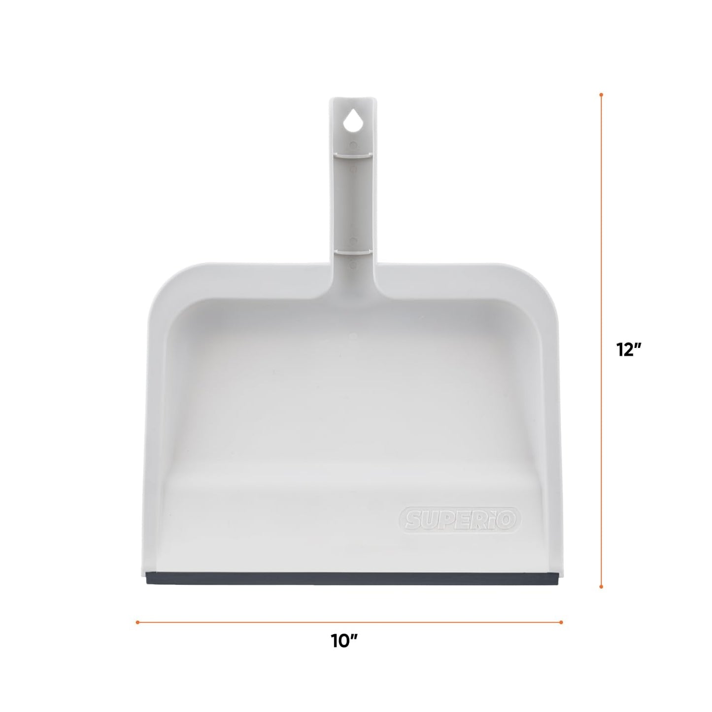 Superio Clip-On Dustpan with Rubber Lip - 10-inch Wide Durable Plastic Dust Pan with Comfort Grip Handle, White, 1-Pack