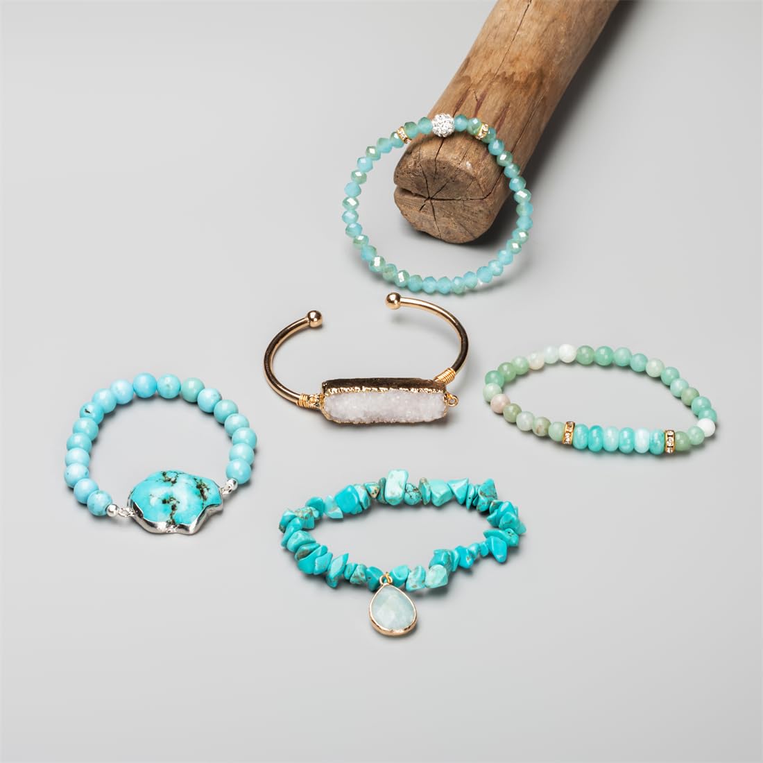 NUZUJX 5PCS Natural Boho Beaded Bracelets Bangle for Women Men,Healing Turquoise Crystal Gemstone Stone Chakra Multilayer Wrap Bohemian Handmade Jewelry Beads Stretch Bracelet Set