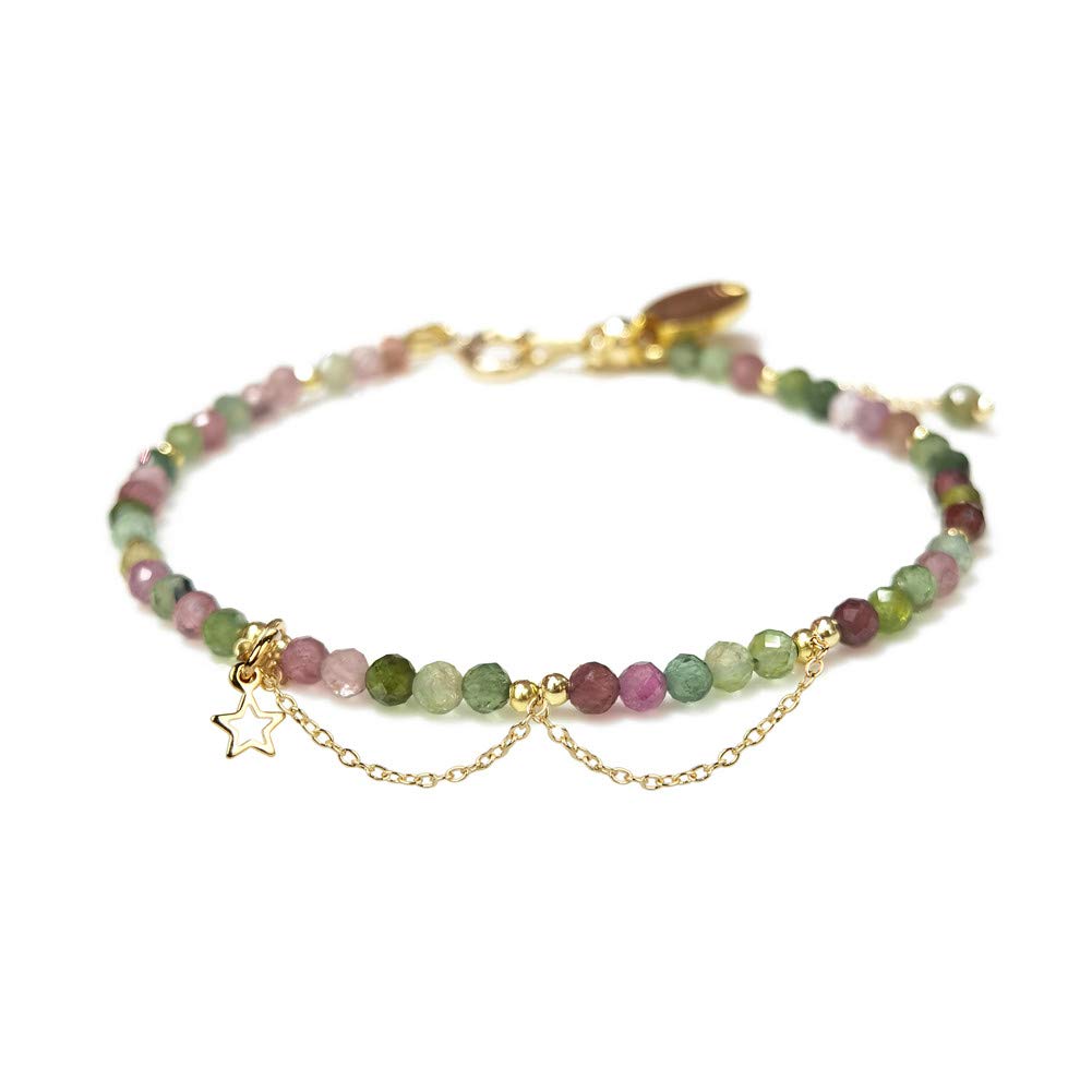 Morchic Colorful Tourmaline 3mm Faceted Natural Gemstone Beads Womens Strand Bracelet, Easy Adjustable Chain 7-9 Inch Birthday Gift