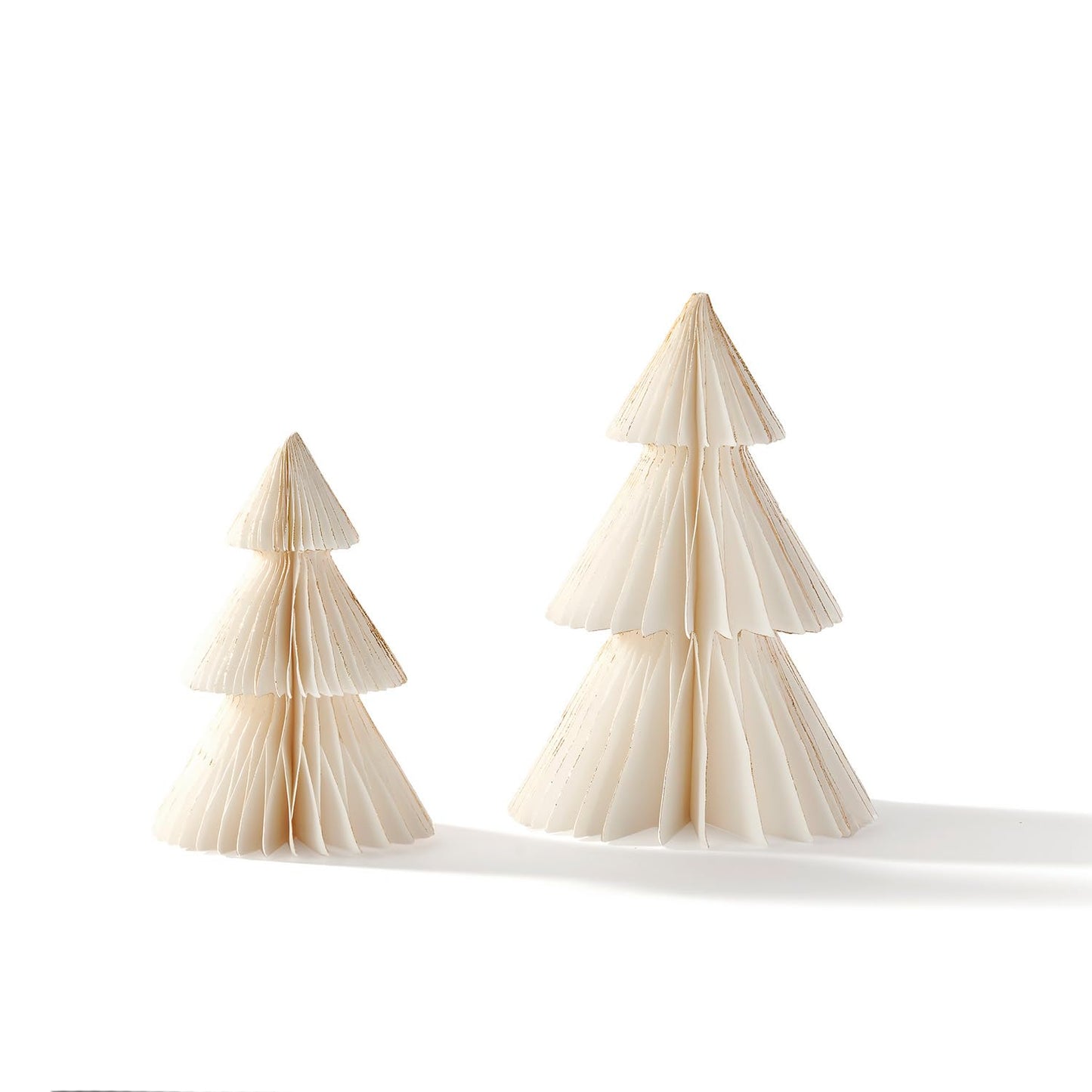 LampLust Paper Christmas Tree Decor, 2 Pack Honeycomb Paper Trees, 6 & 8 Inch, White & Gold Glitter Edge, Holiday Table Centerpieces, Christmas Table Decor, Winter Decorations