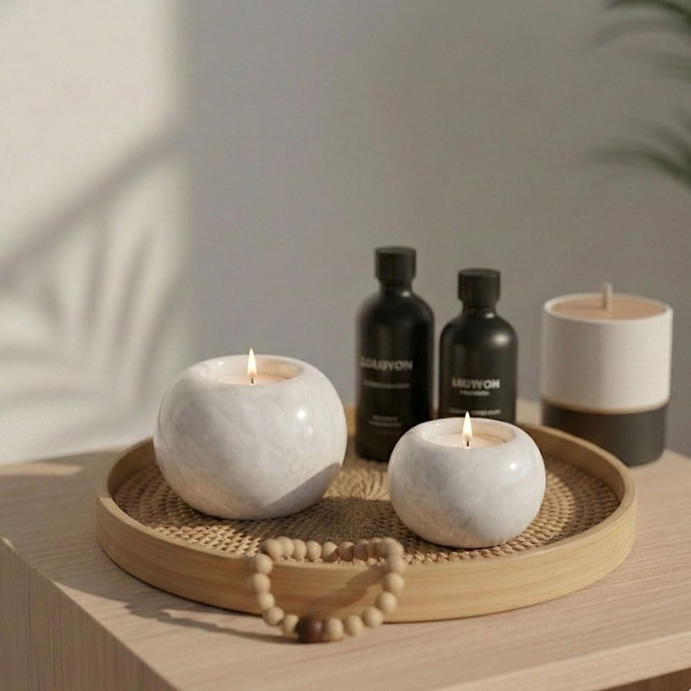 Radicaln Marble Tealight Candle Holder 4" Inches White Handmade Candle Accent for Home Decor, Ideal Set of 3 Small Marble Taper Holder for Table Centerpieces, Votive Candle Holder