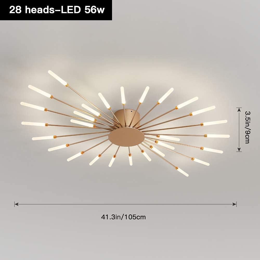 JAYMP 41.3" Ceiling Light Modern Flower Shape Ceiling Lamp for Dining Room Kitchen Hallway Flush Mount Metal Acrylic Sputnik Firework Petal LED Lighting Fixture (Matte Gold, 28 Lights)
