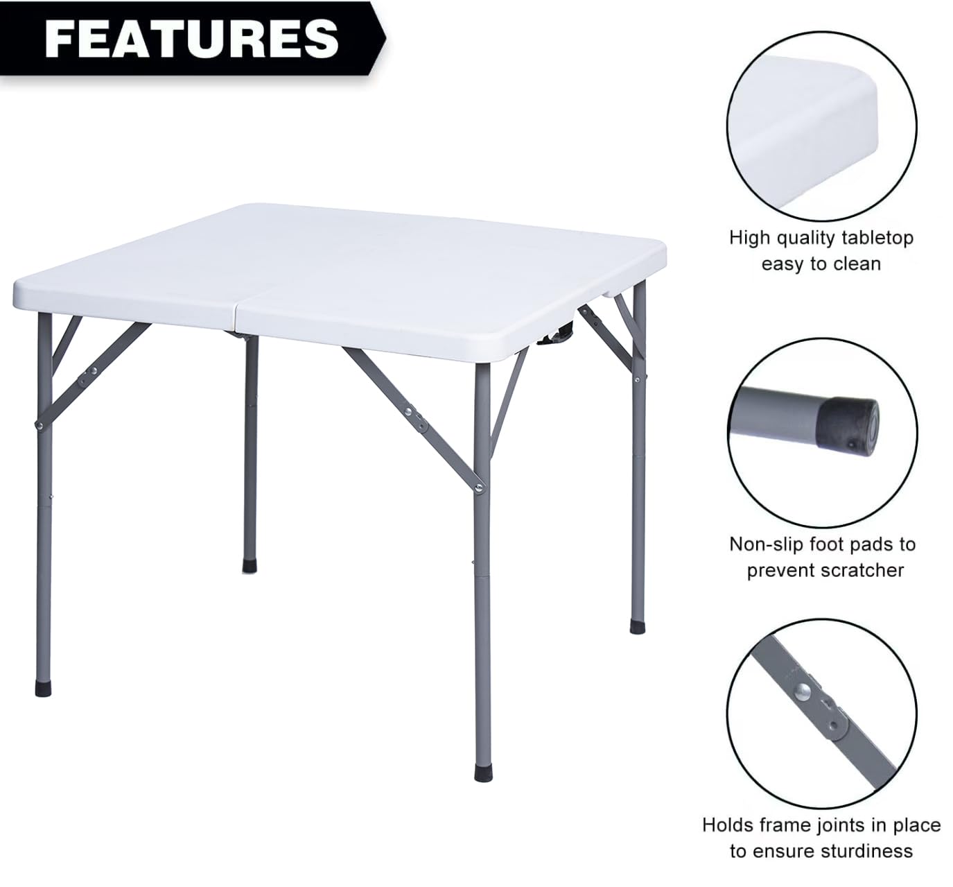 Lakhow 34" Square Folding Table, Fold-in-Half Utility Dining Portable Table Heavy Duty HDPE Plastic Foldable with Carrying Handle Indoor Outdoor for Picnic, Party