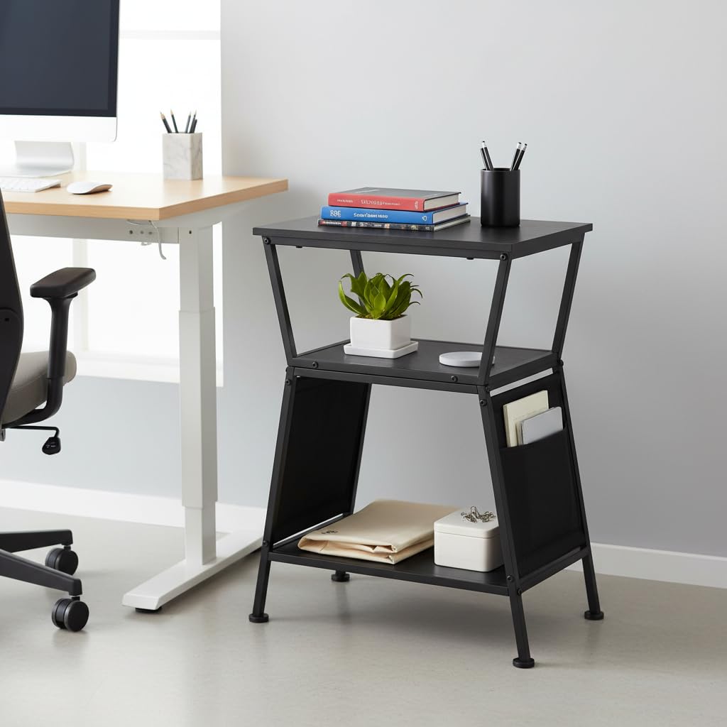 ZEXVIDA End Table with Storage Bag, Three-Tier Trapezoidal Side Table with Storage Bag, Corner Table Sofa End Table for Living Room Bedroom