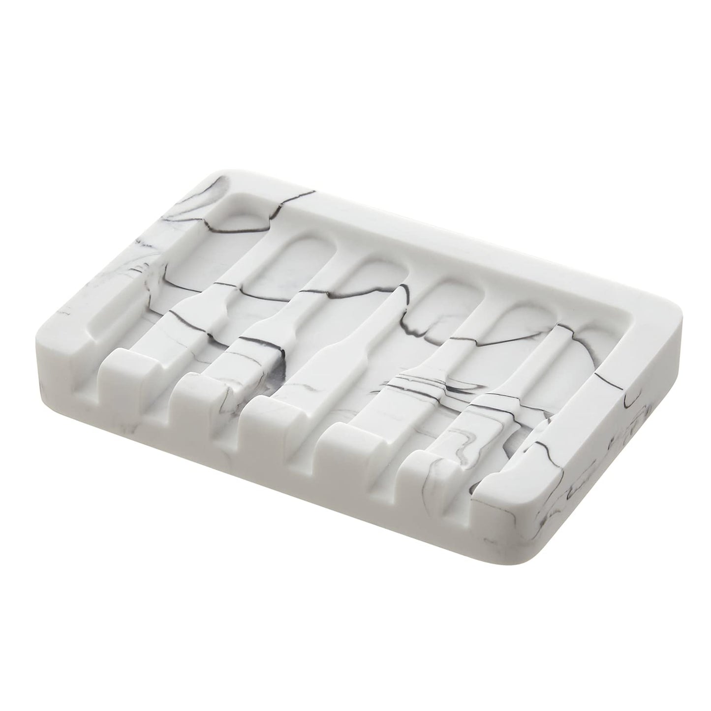 INIUNIK Self Draining Soap Dish - Marble Look Soap Holder Tray Savers Box Container Sponge Holder for Bathroom Shower Kitchen, White